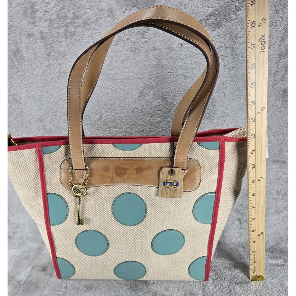Fossil Key Per Shopper Tote Womens Large Aqua Woven Polka Dot New - Picture 6 of 13
